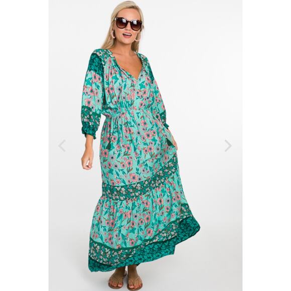 Umgee Medium Green FLoral Boho Cottage Tiered Maxi Dress Flowy Feminine - Picture 14 of 14